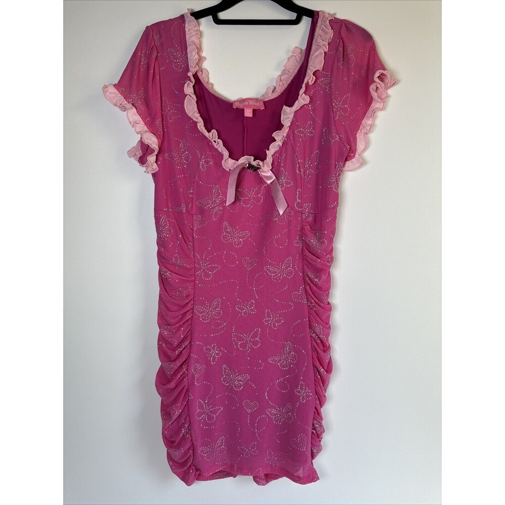 Dolls Kill Sugar Thrillz Mini Dress 1X Pink Sparkly Punk EDM Rave Techno Edgy